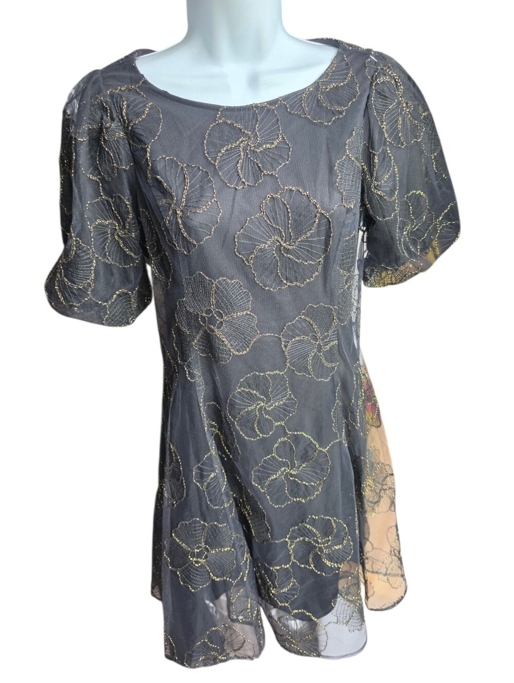 DKNY Black Floral Embellished Puff Sleeve Dress Size 4